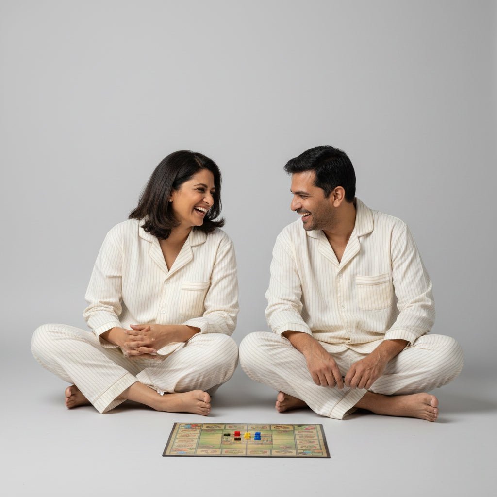 Matching couple cotton sleep set in soft cream sand stripes.