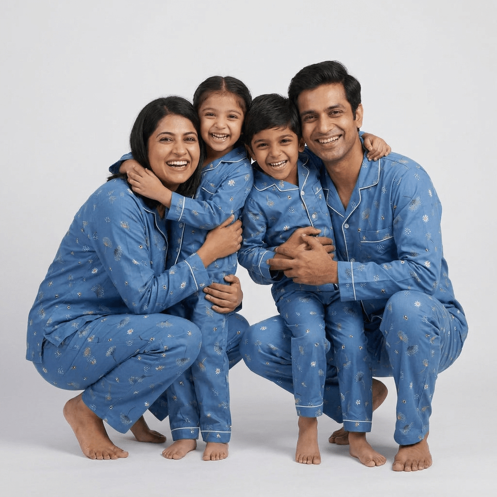 Matching Dandelion full-sleeve night suit for mom, dad and the kids