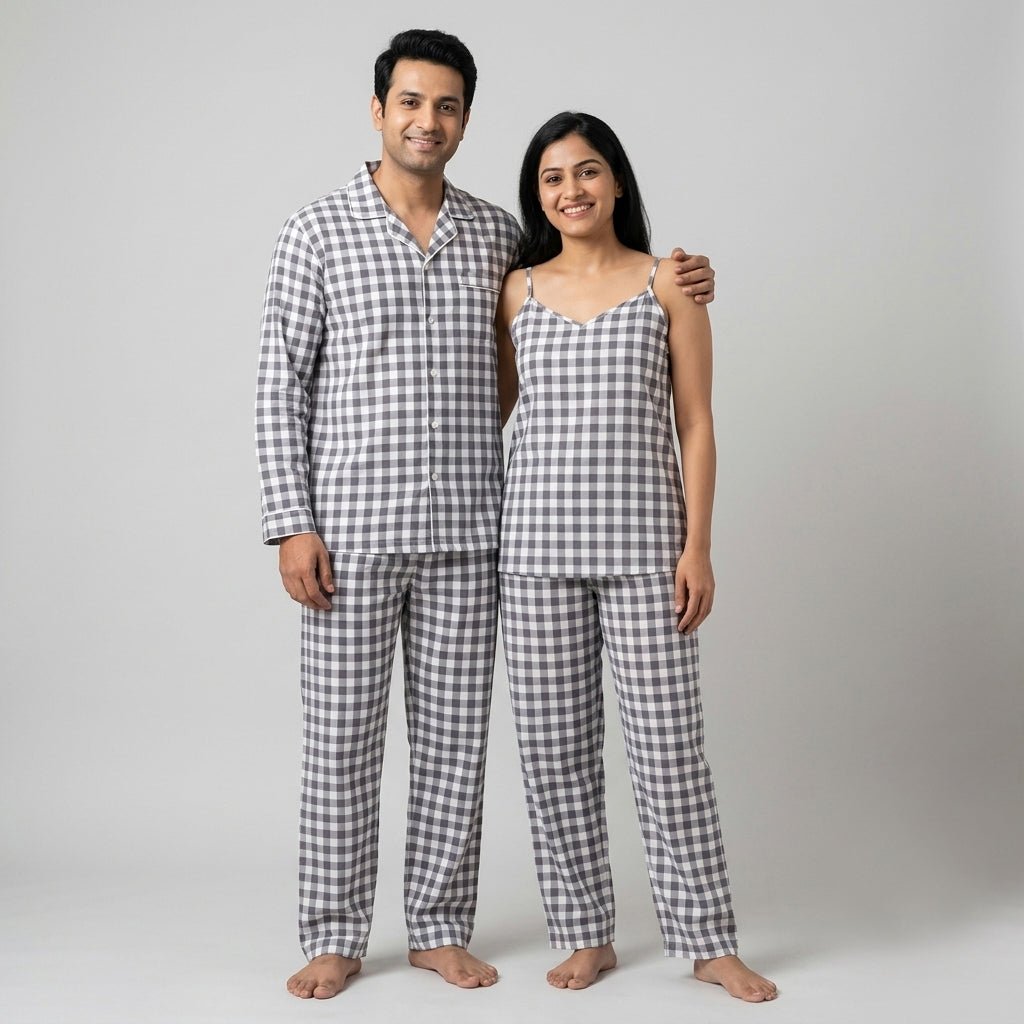 The two of you twinning in Dark Grey Checks night suit by Pajama Tribe