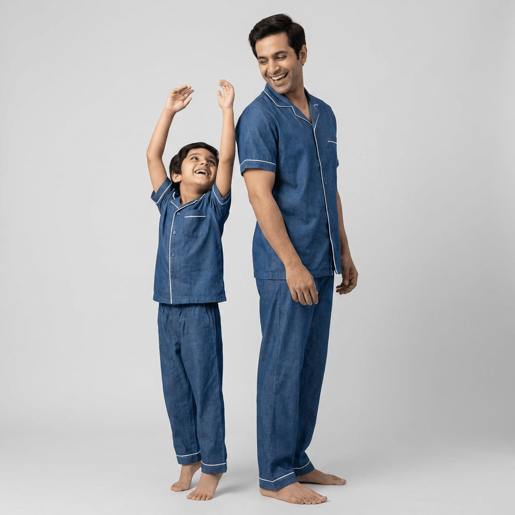 Matching Deep Indigo Denim tencel denim half-sleeve night suit for dad and his mini-me
