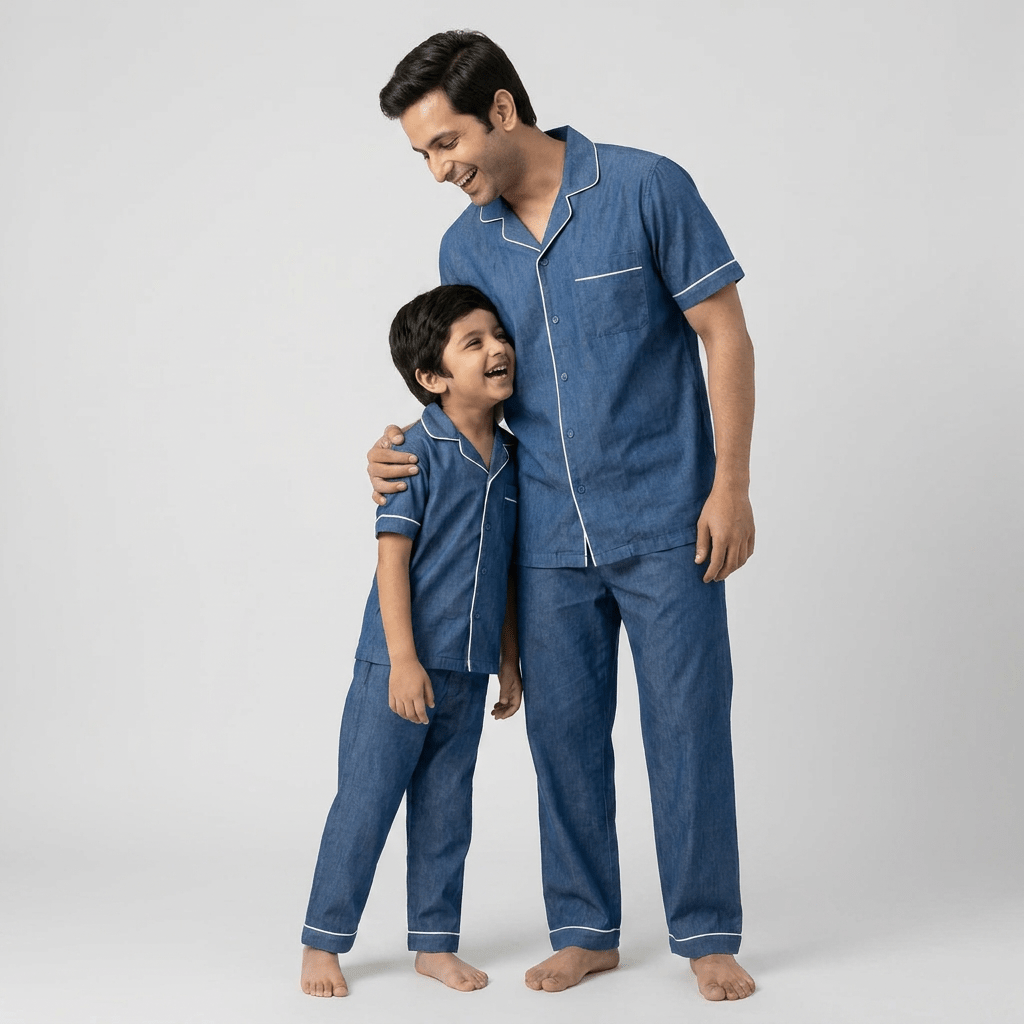 Deep Indigo Denim matching half-sleeve night suit for dad and son, styled together
