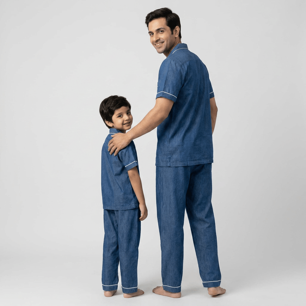 Father and son in matching Deep Indigo Denim half-sleeve night suit