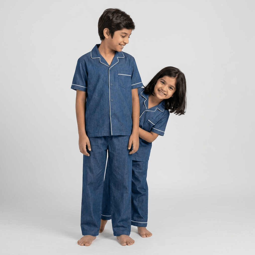 Matching Deep Indigo Denim tencel denim half-sleeve night suit for the siblings