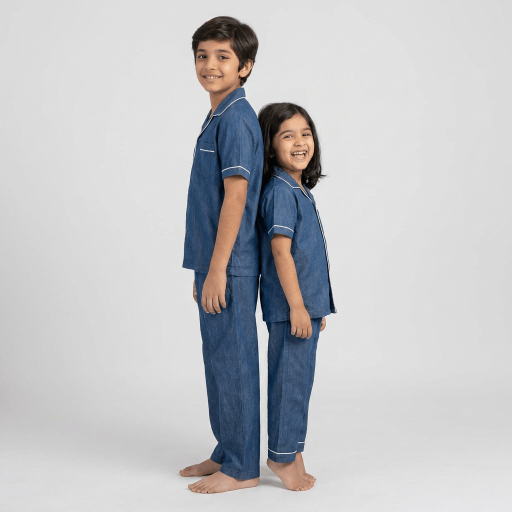 Deep Indigo Denim matching half-sleeve night suit for the siblings, styled together