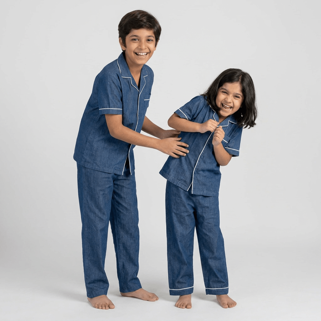 Big sib and little sib in matching Deep Indigo Denim half-sleeve night suit