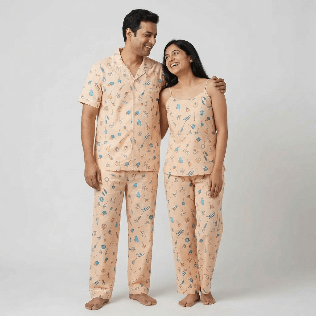Husband and wife in matching Delicate Petals night suit