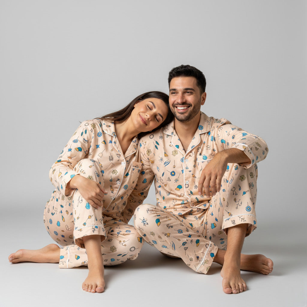 Couple wearing Delicate Petals matching pajamas, floral coordinated sleepwear.