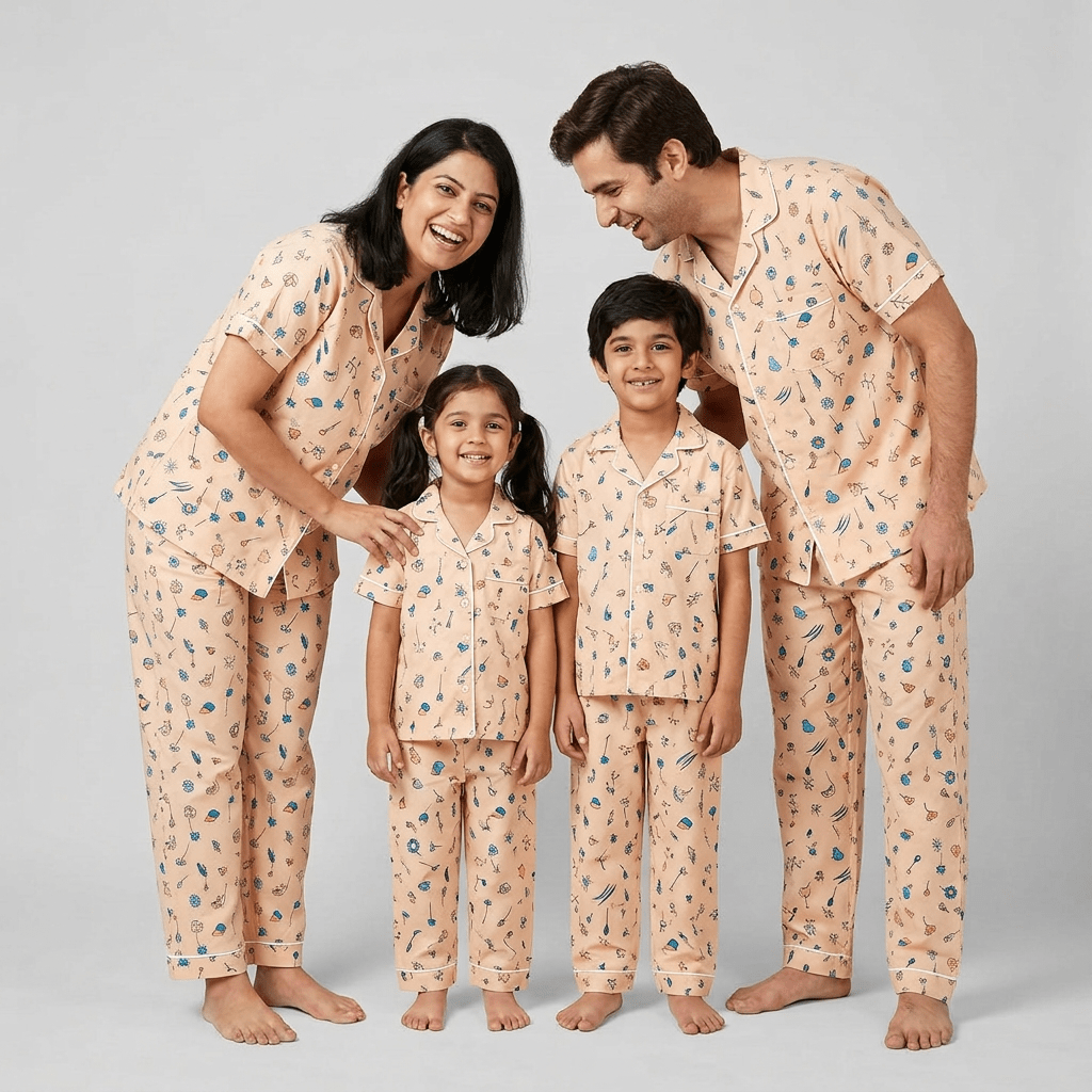 The whole family twinning in Delicate Petals half-sleeve night suit by Pajama Tribe