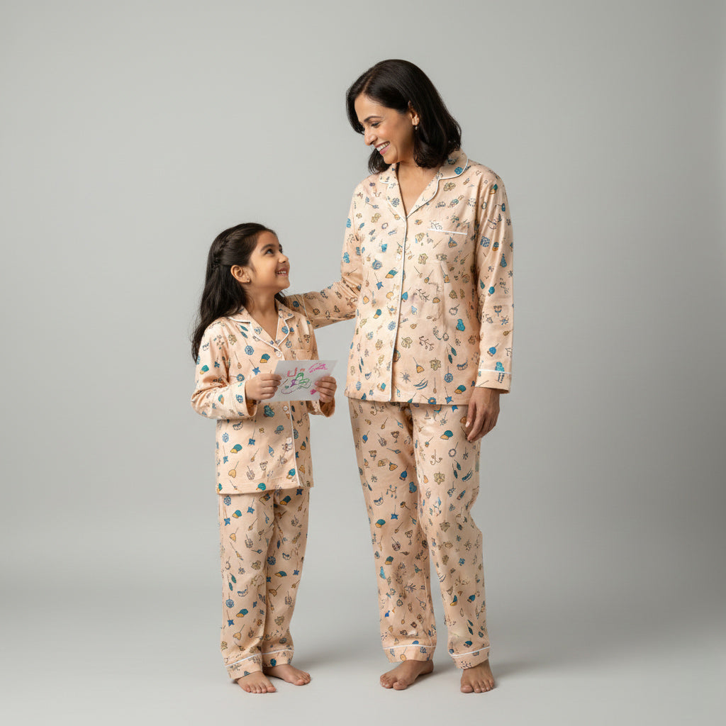 Mother and daughter wearing Delicate Petals matching pajamas, soft floral coordinated sleepwear.