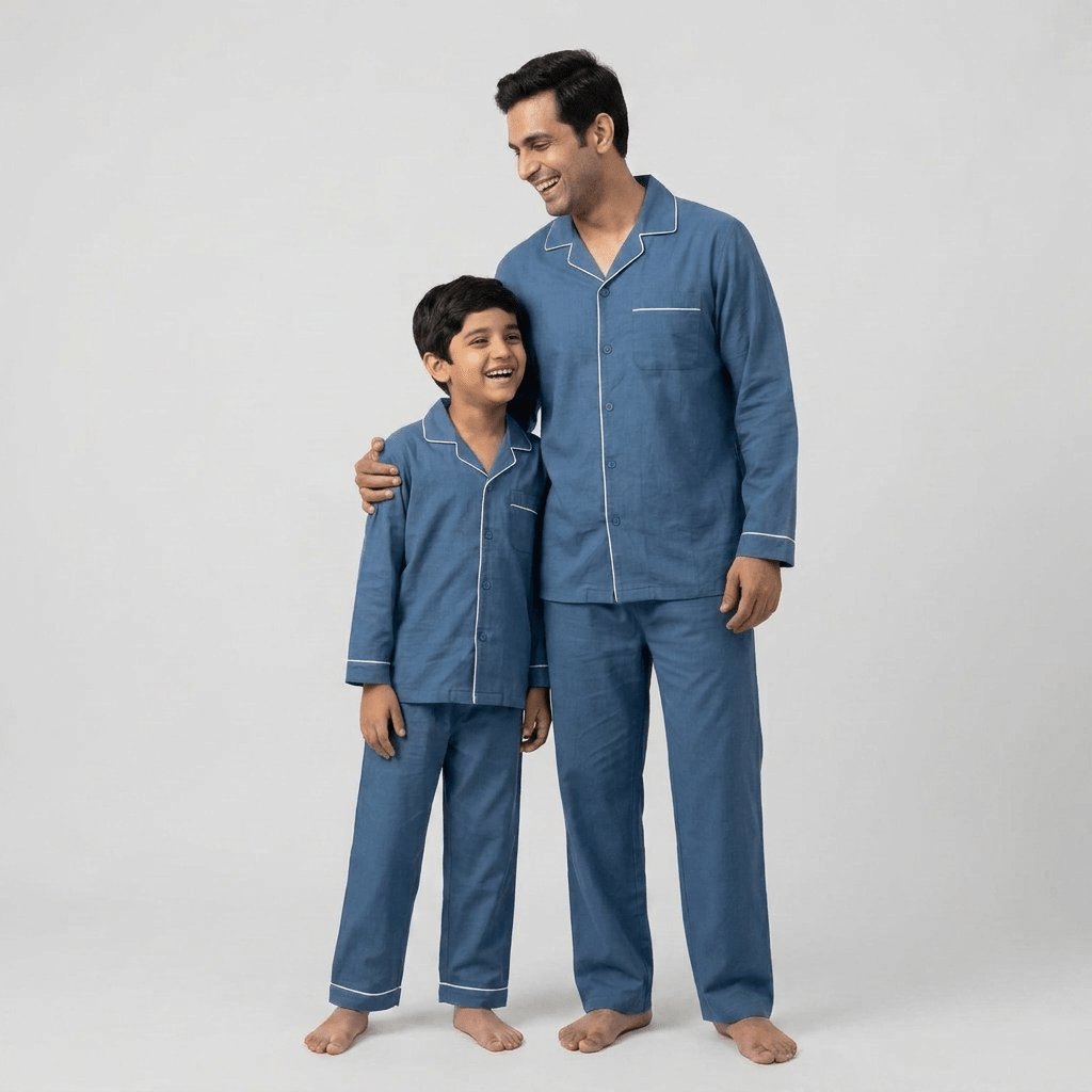 Denim Blue matching full-sleeve night suit for dad and son, styled together