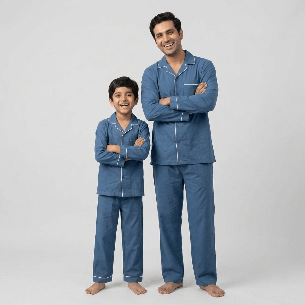 Papa and his boy in matching Denim Blue full-sleeve night suit
