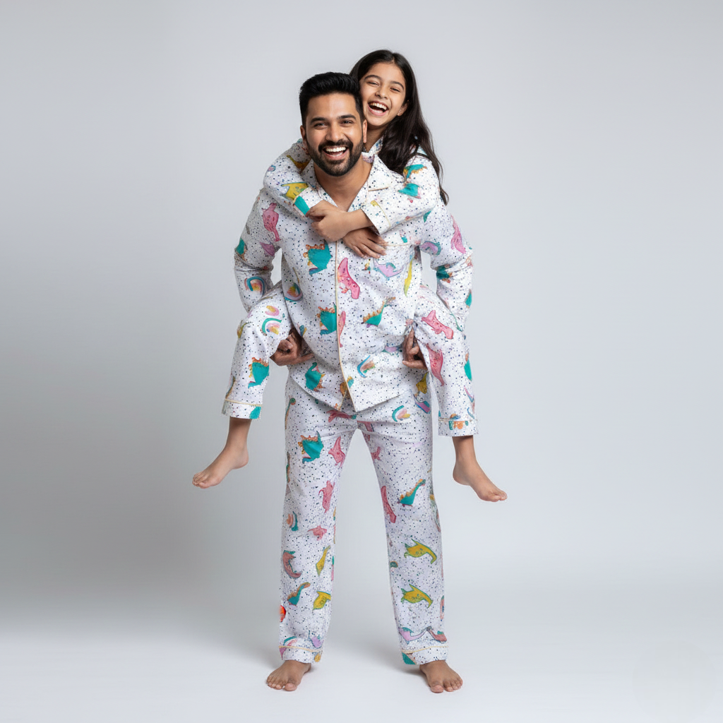 Father and daughter wearing dinosaur print matching pajamas, fun green coordinated nightwear.