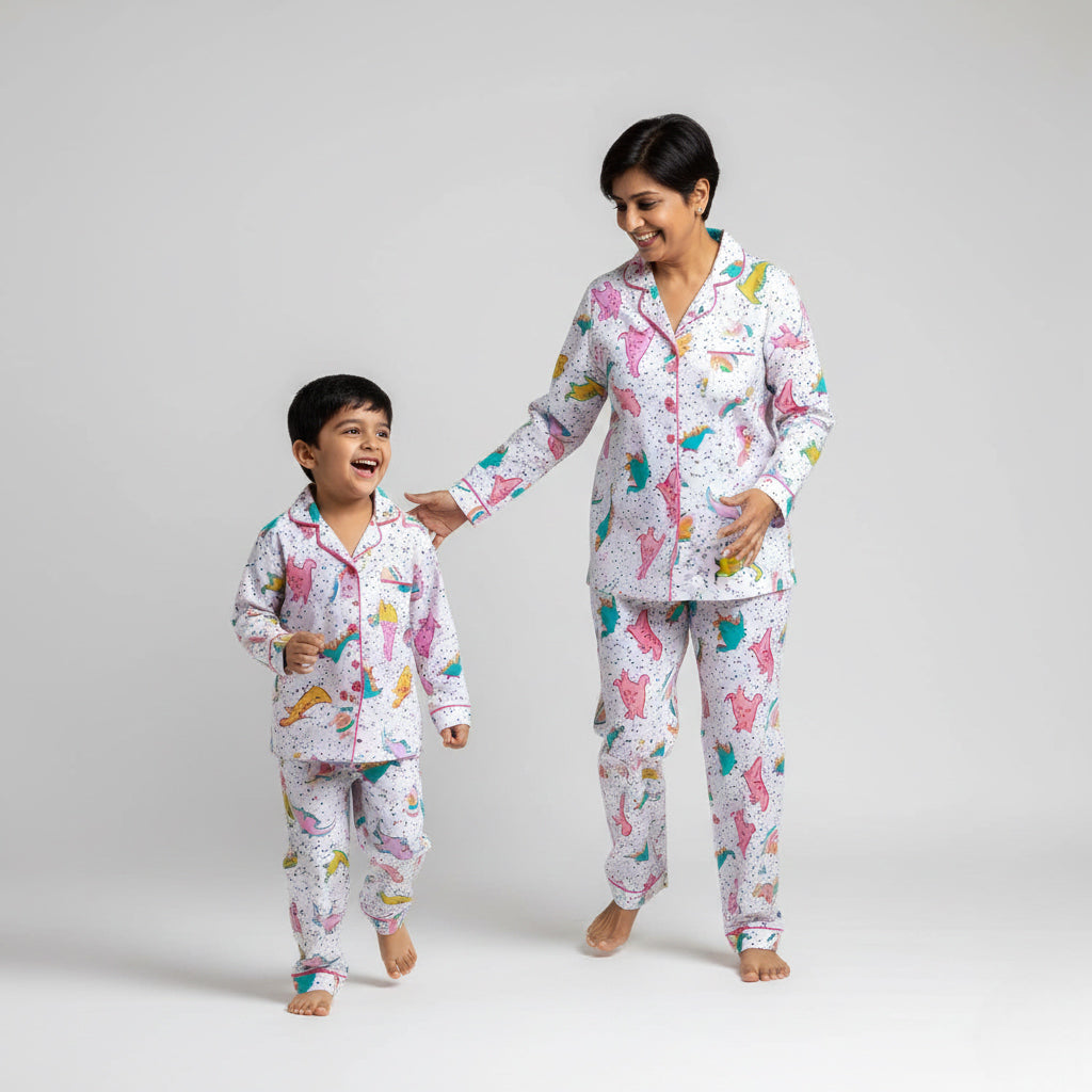 Mother and son wearing dinosaur print matching pajamas, fun green coordinated set.