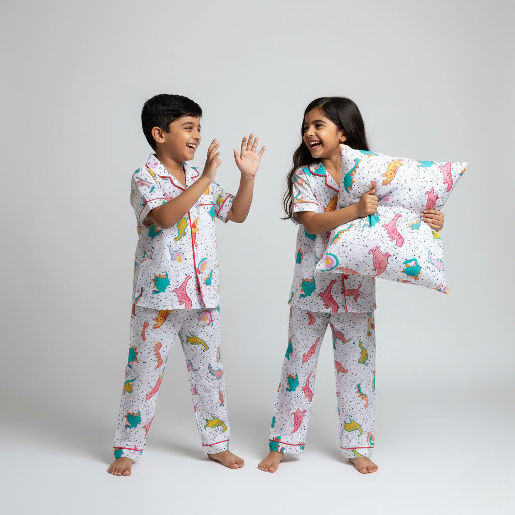 Brother and sister in dinosaur print matching pajamas, playful green coordinated sleepwear.