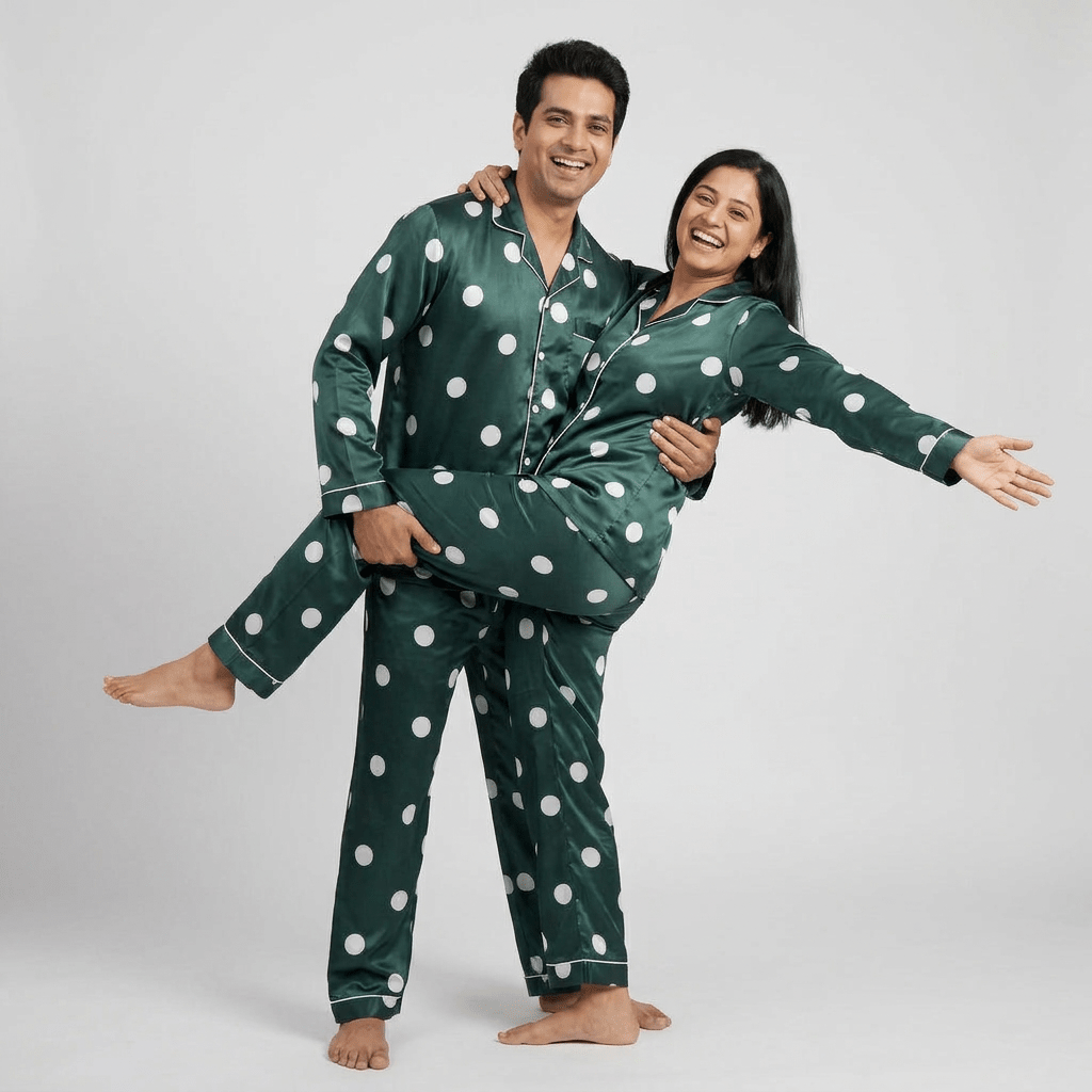 Disco Frenzy couple nightwear set worn together