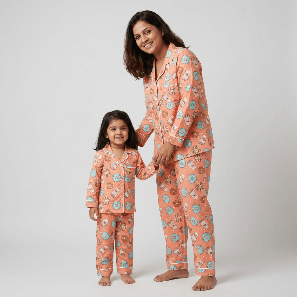 Mumma and her girl twinning in Donut Coffee full-sleeve night suit by Pajama Tribe