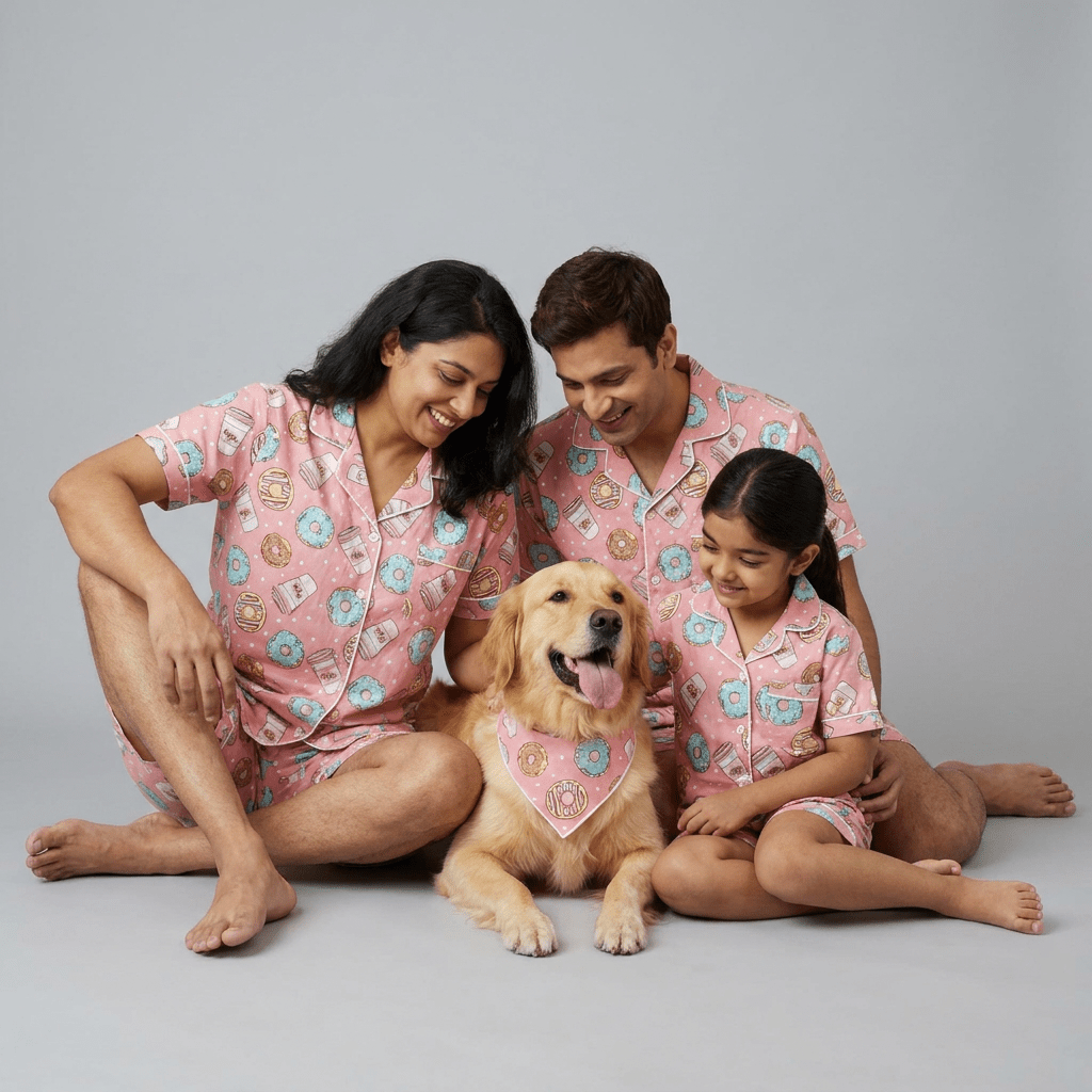 Donut Coffee matching shorts set for parents and kids, styled together