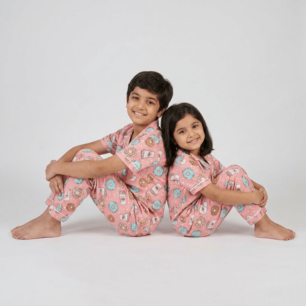 Donut Coffee siblings matching pajamas worn together
