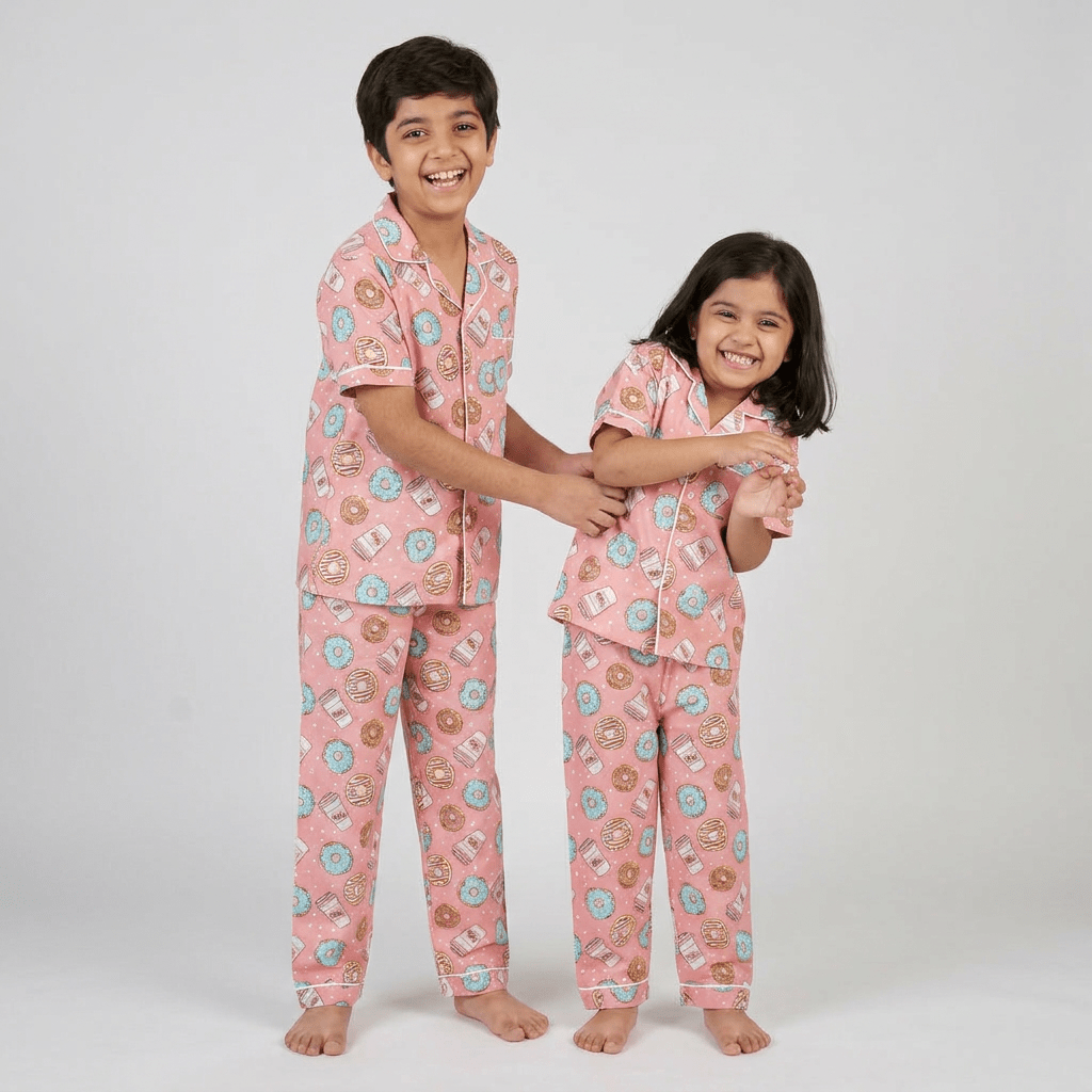 Matching Donut Coffee half-sleeve night suit for bro and sis