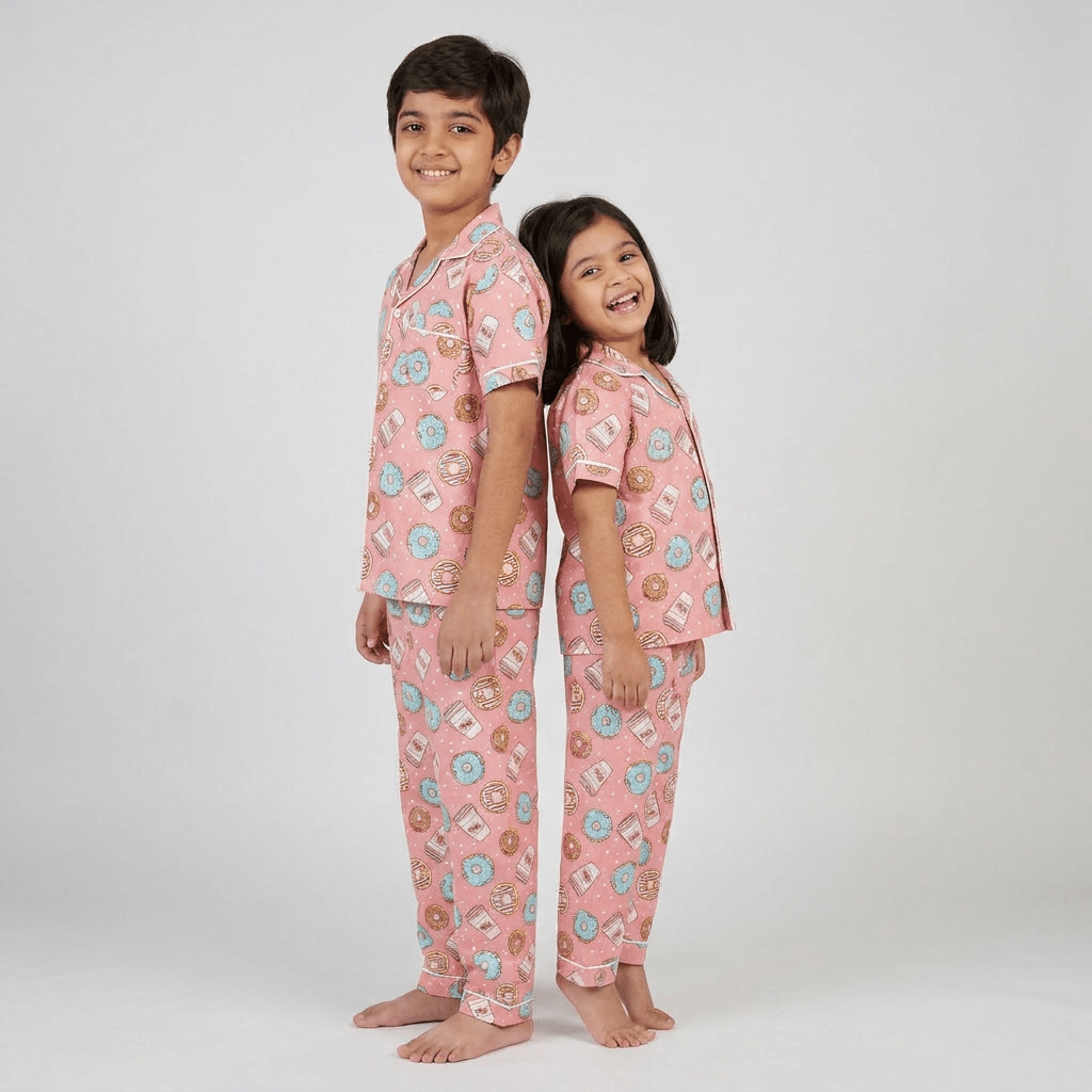 Brother and sister twinning in Donut Coffee half-sleeve night suit by Pajama Tribe