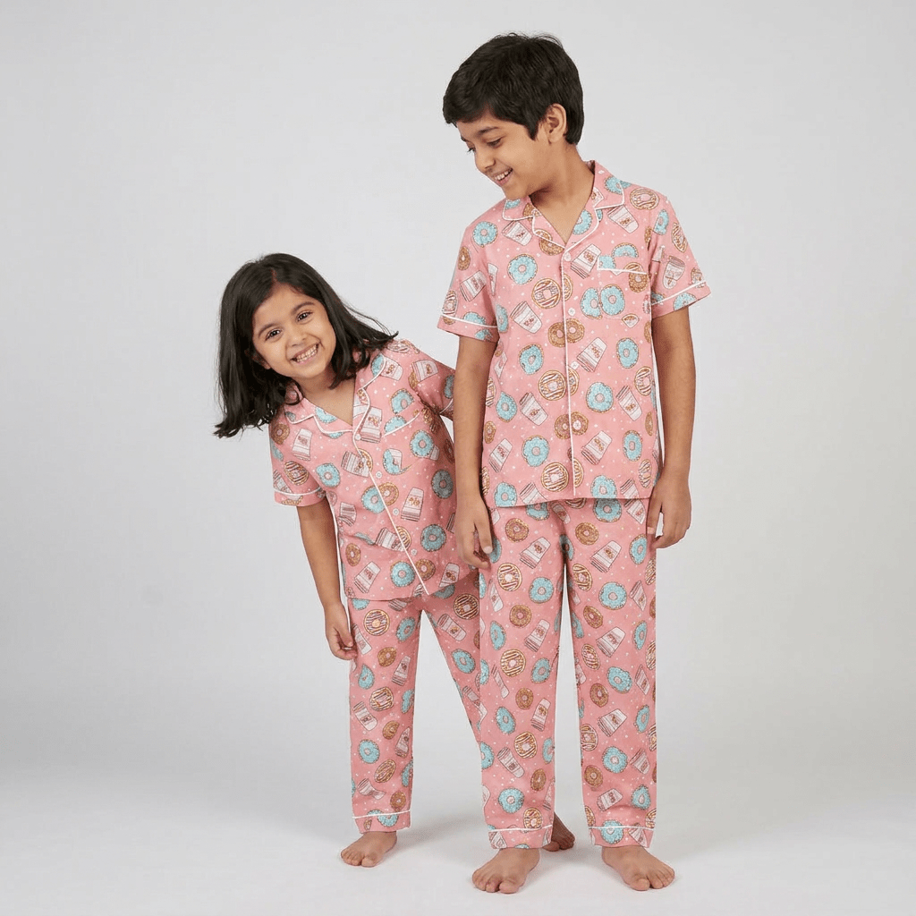 Brother and sister in matching Donut Coffee half-sleeve night suit