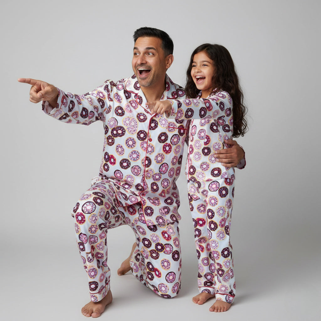 Father and daughter in donut print matching pajama set, colorful fun coordinated look.