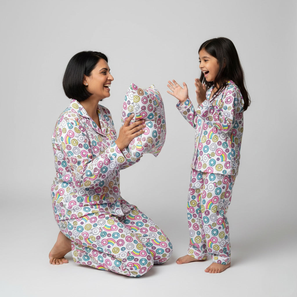 Mother and daughter in Donut Worry matching pajama set, fun donut print coordinated nightwear.