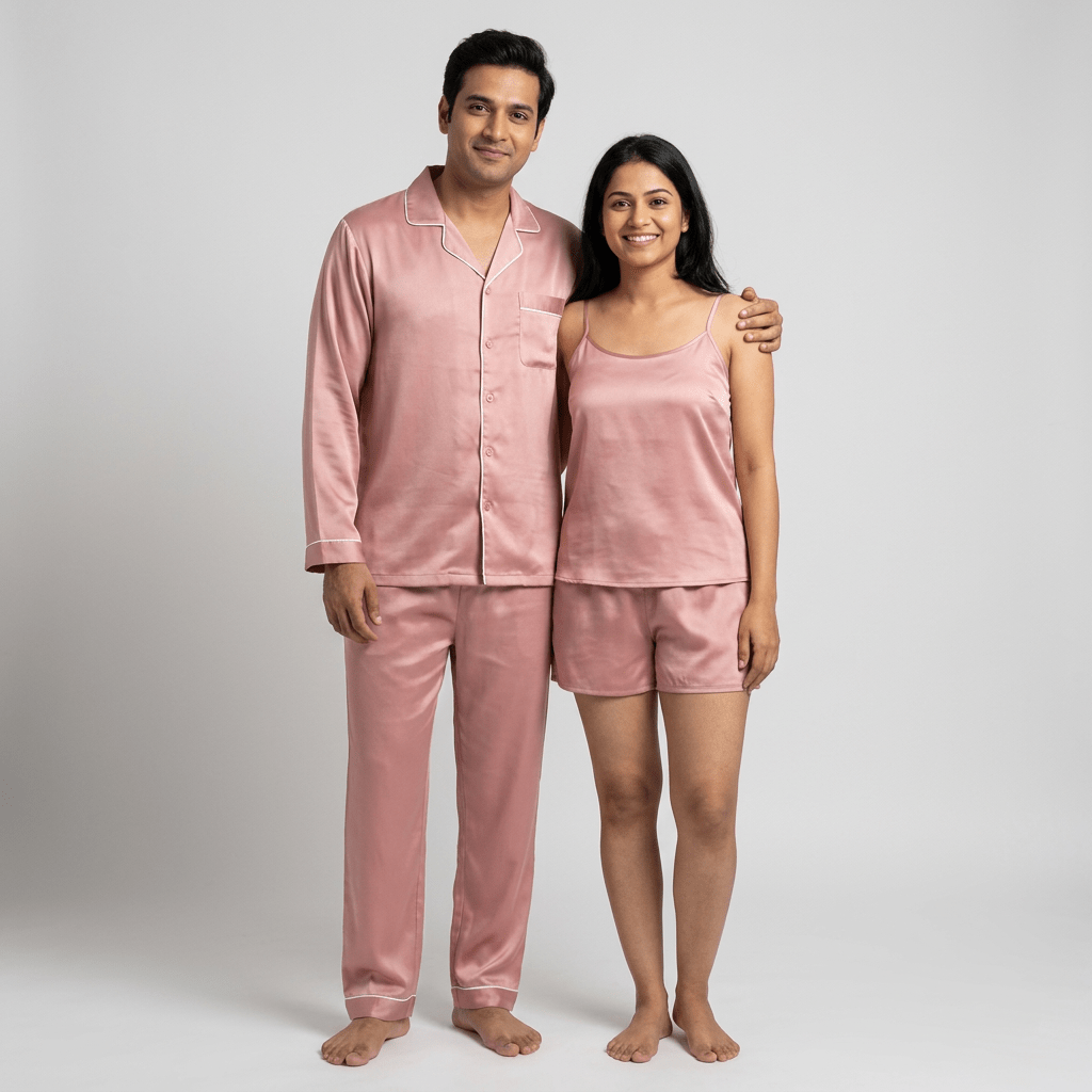Him and her in matching Dusty Rose Satin night suit
