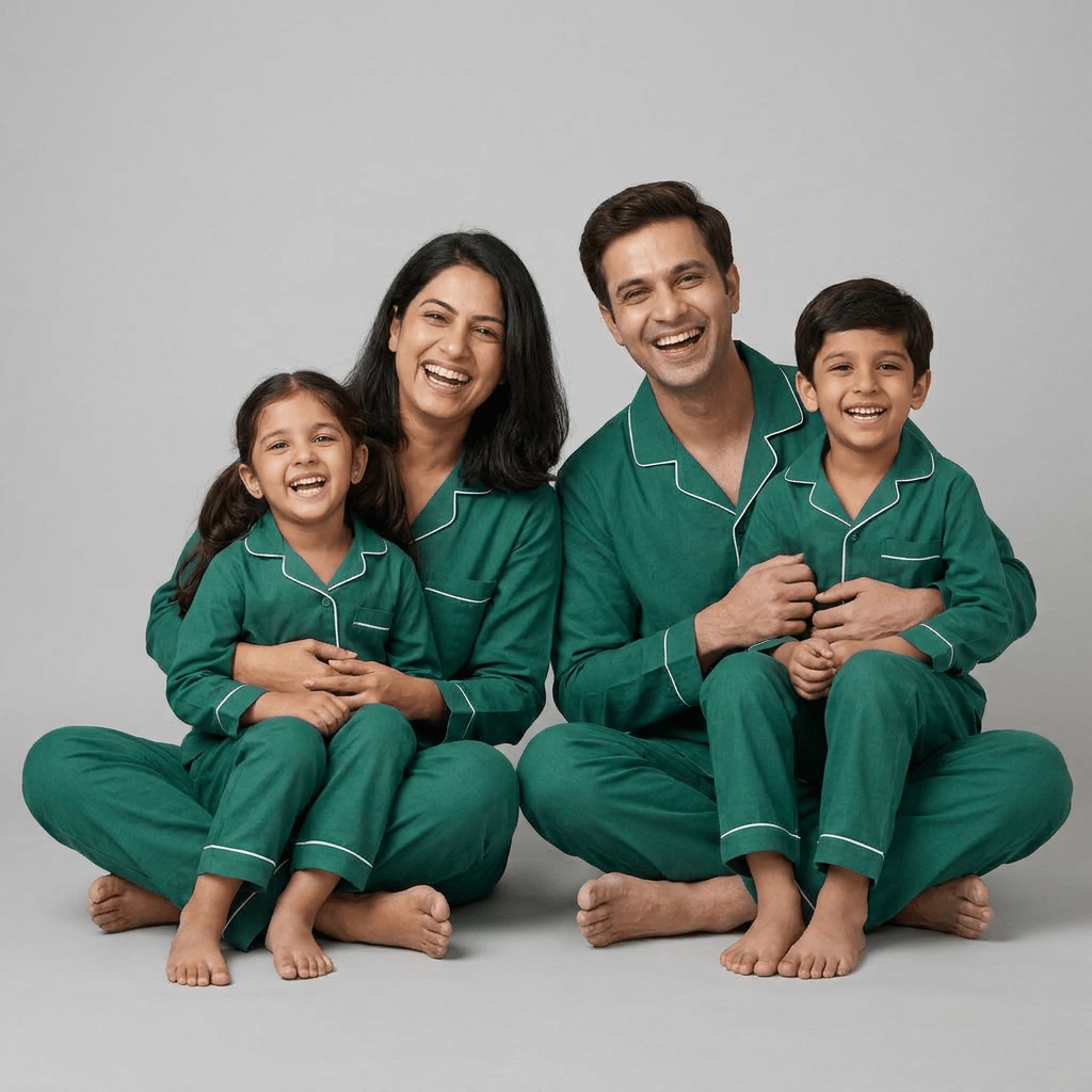 Mumma, papa and the little ones in matching Emerald Green full-sleeve night suit
