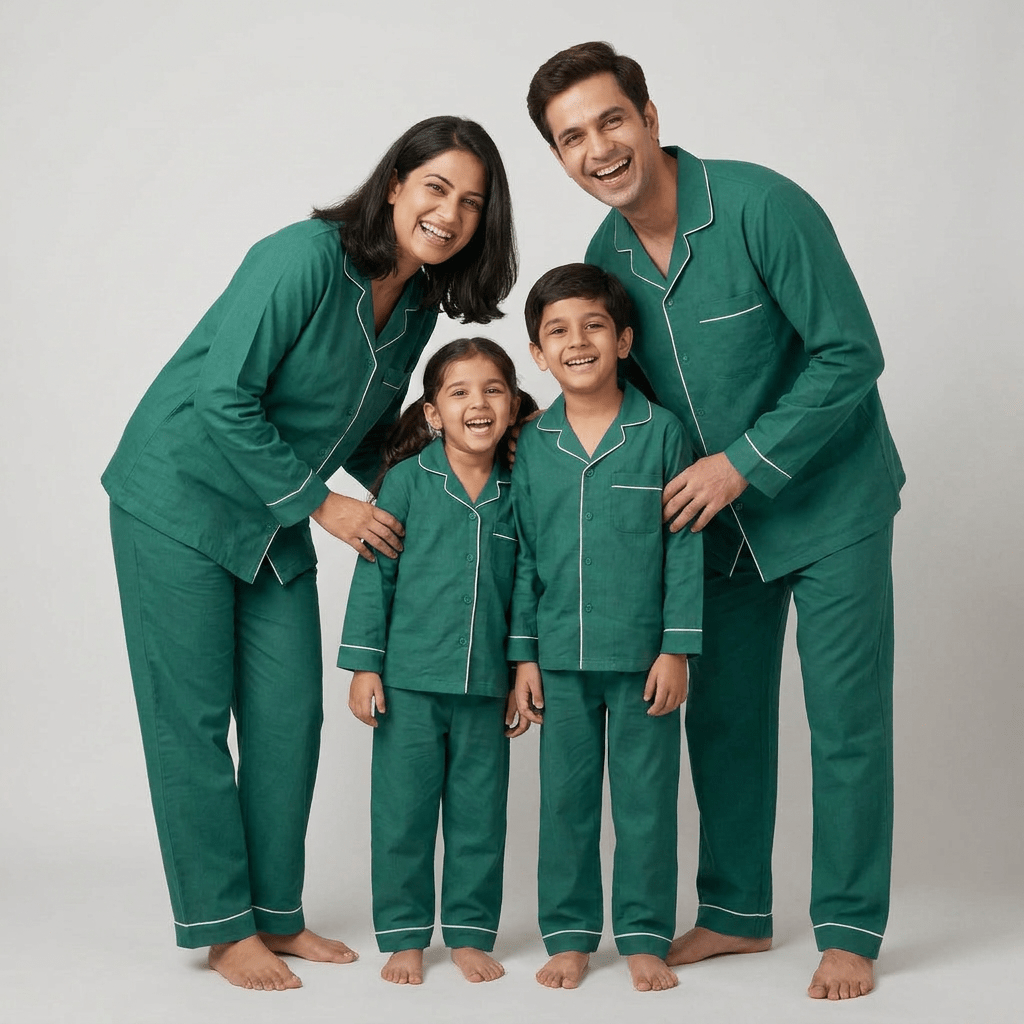 Emerald Green family matching nightwear worn together