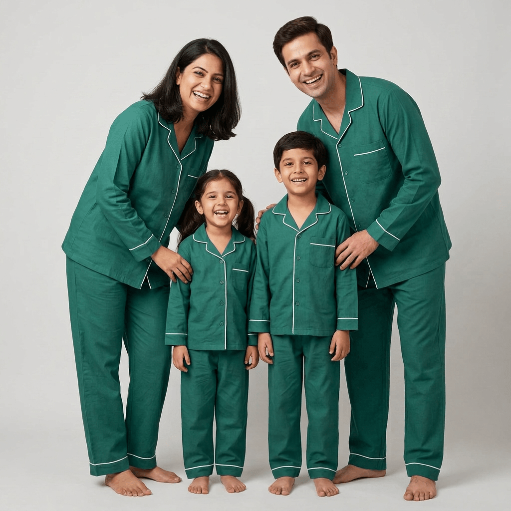 Matching Emerald Green full-sleeve night suit for mom, dad and the kids