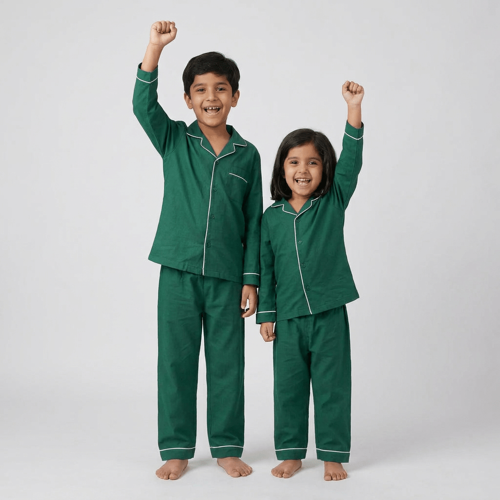 Brother and sister twinning in Emerald Green full-sleeve night suit by Pajama Tribe