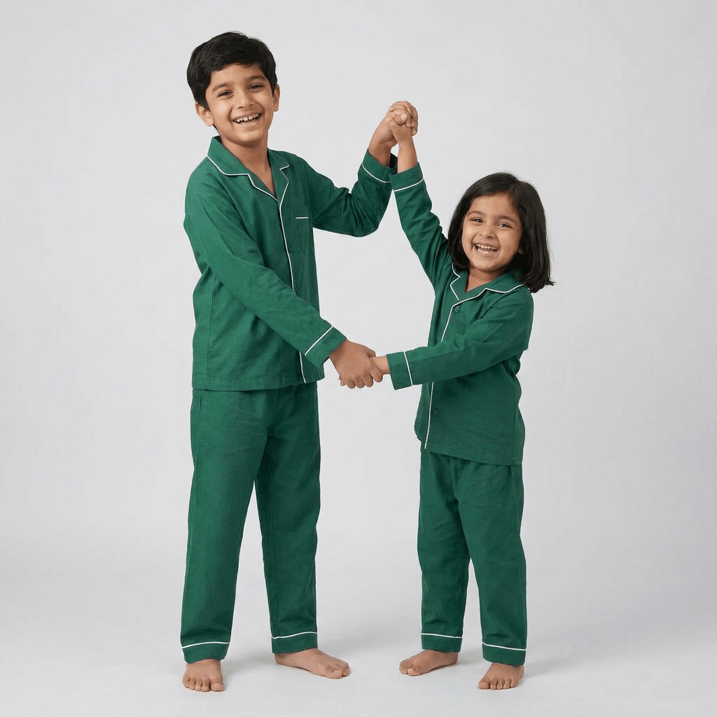 Emerald Green matching full-sleeve night suit for the siblings, styled together