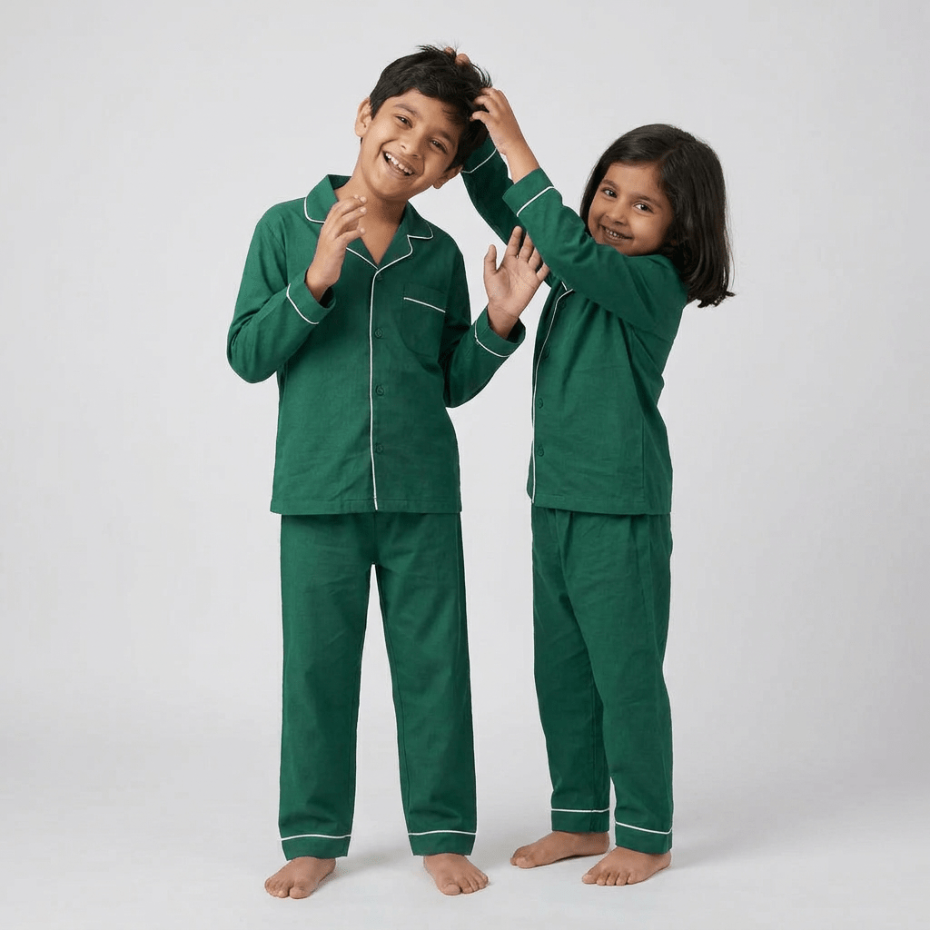 Bro and sis in matching Emerald Green full-sleeve night suit