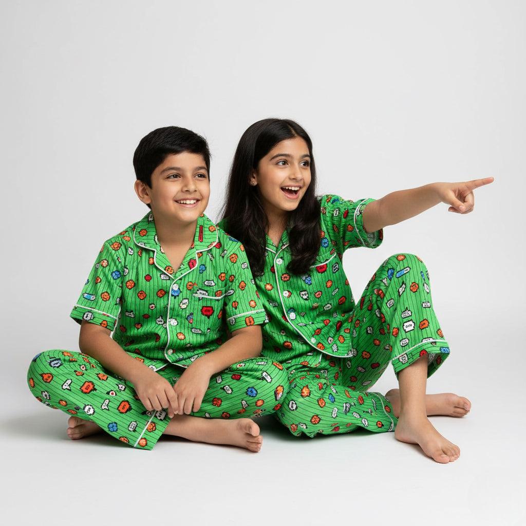 Brother and sister wearing emoji print matching pajamas, playful coordinated look.