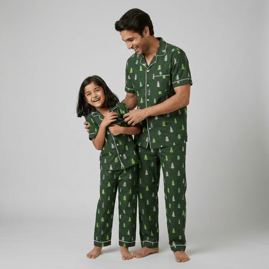 Dad and daughter twinning in Evergreen Forest half-sleeve night suit by Pajama Tribe