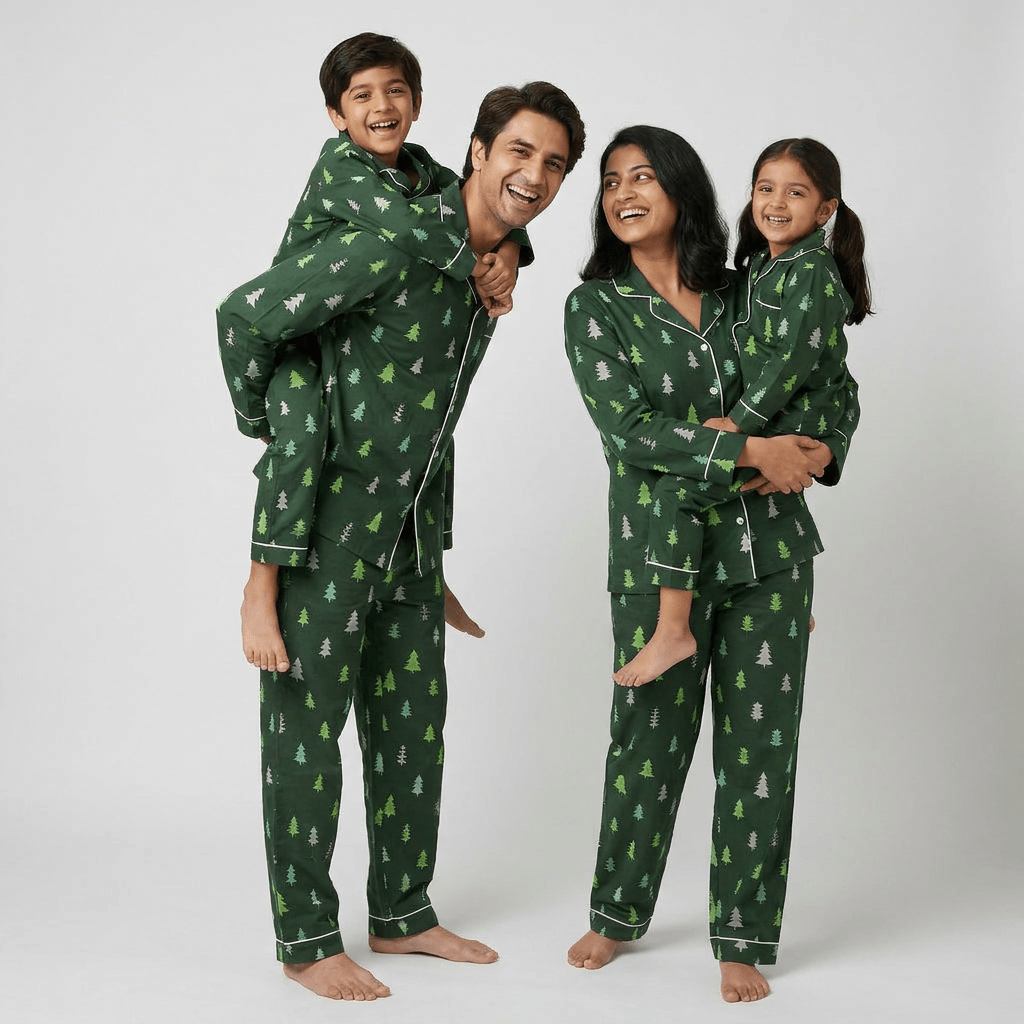 Evergreen Forest family matching nightwear worn together