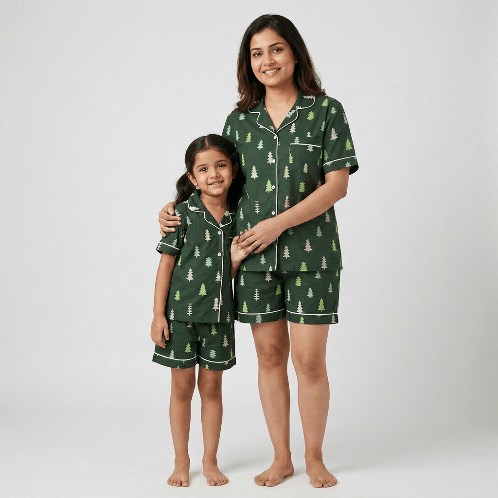 Matching Evergreen Forest shorts set for mom and daughter