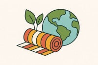 Colorful roll of fabric with a globe and leaves on a white background