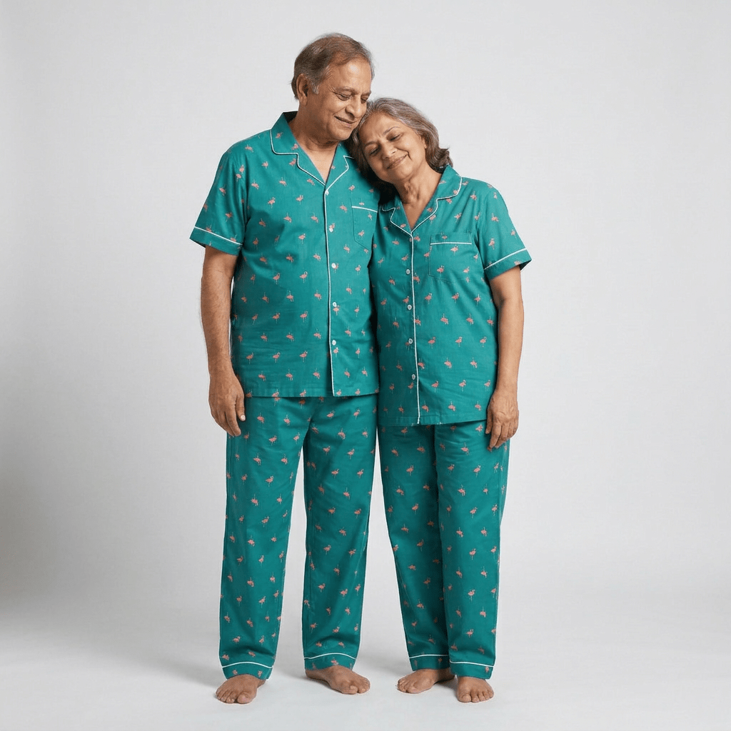 Flamingo matching half-sleeve night suit for your parents, styled together