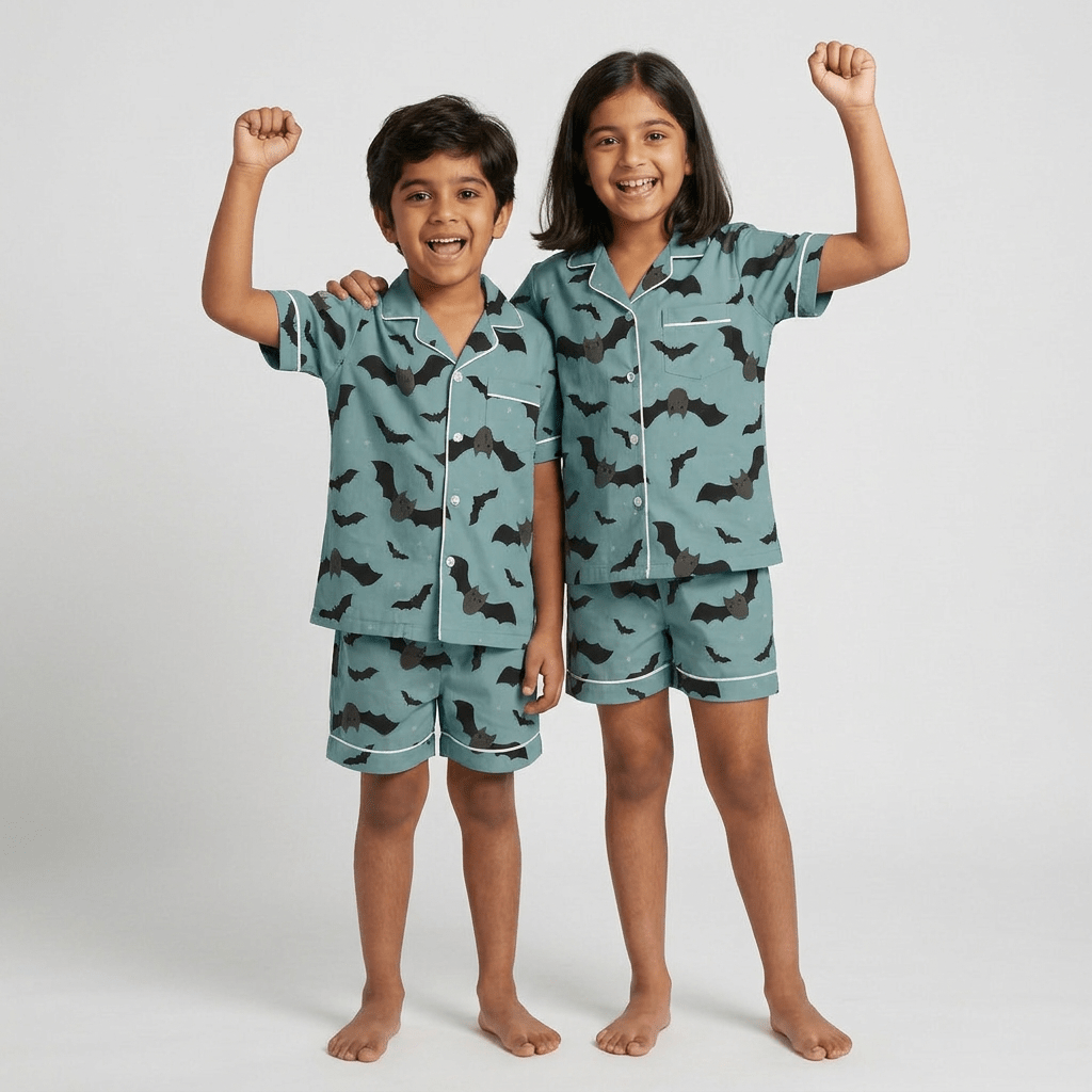 Brother and sister in matching Flying Bats shorts set