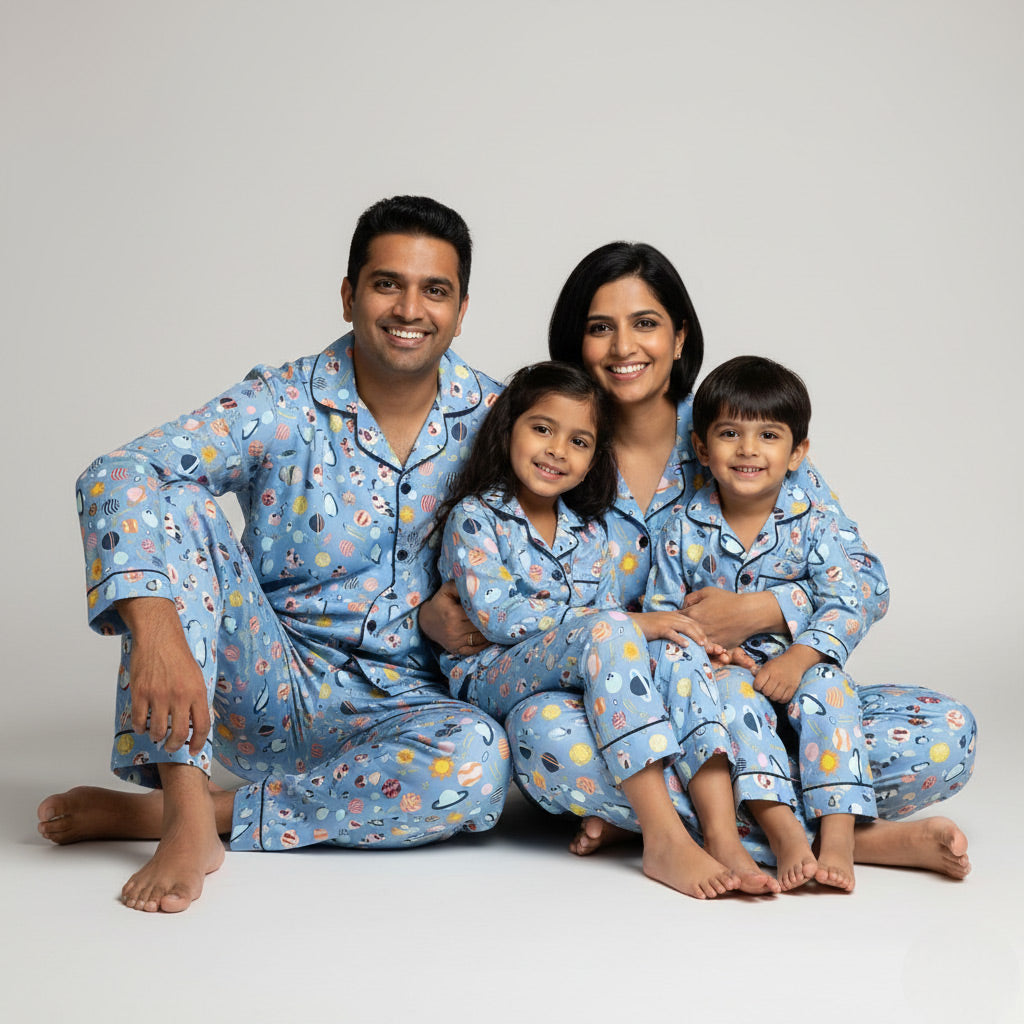 Family dressed in galaxy print matching pajama set, space-inspired coordinated nightwear.