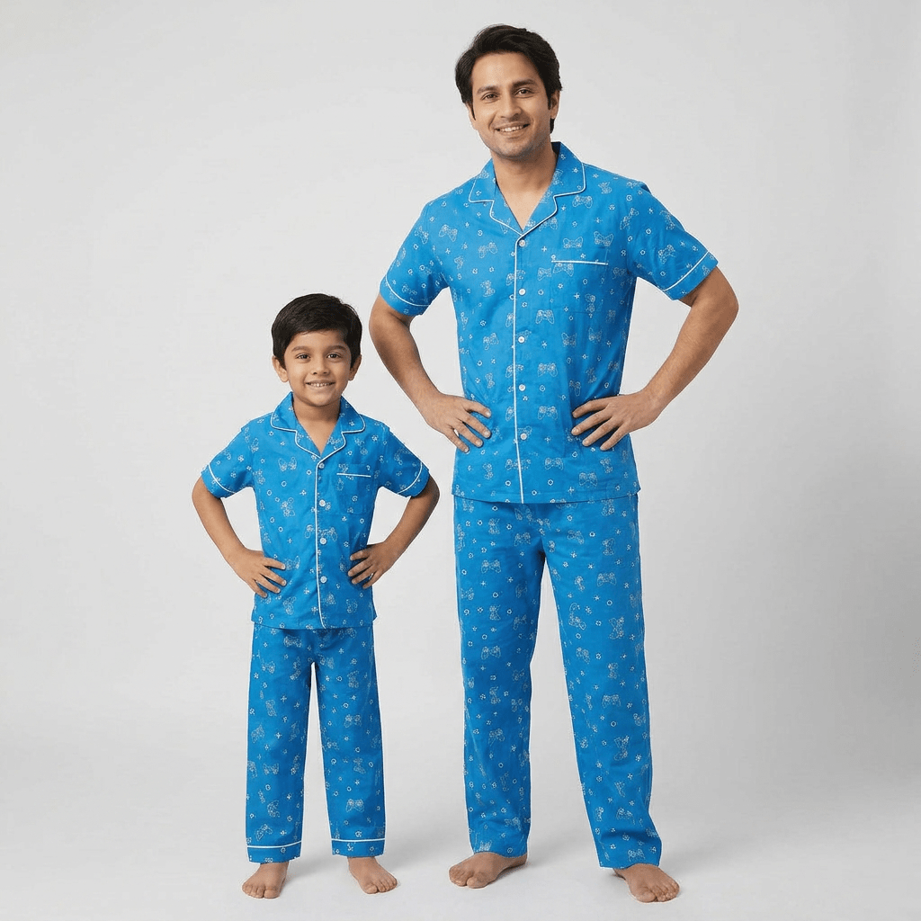 Dad and son twinning in Gamer Dreamer half-sleeve night suit by Pajama Tribe