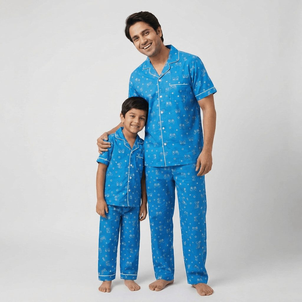 Gamer Dreamer matching half-sleeve night suit for father and son, styled together