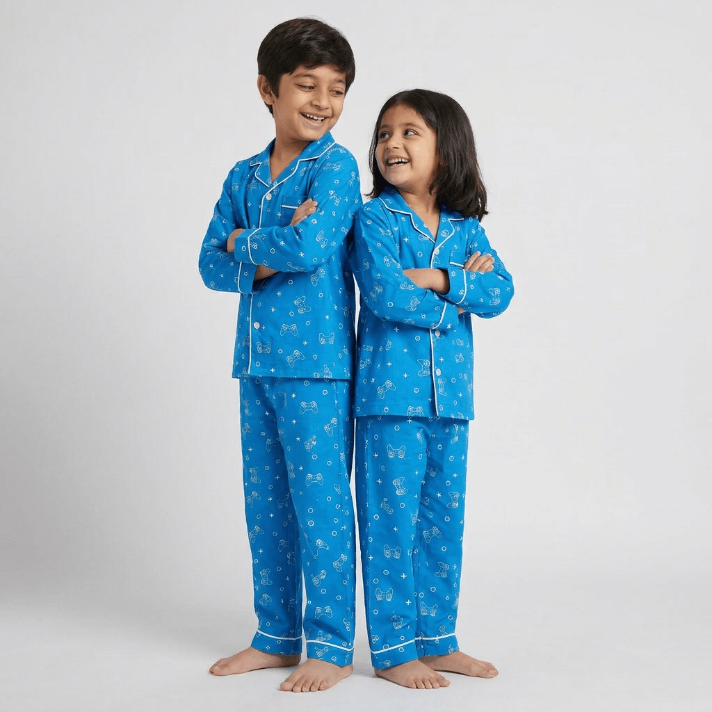 Gamer Dreamer siblings matching pajamas worn together