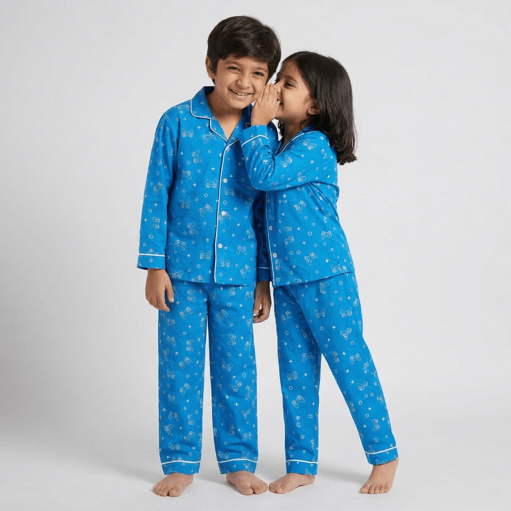 Bro and sis twinning in Gamer Dreamer full-sleeve night suit by Pajama Tribe
