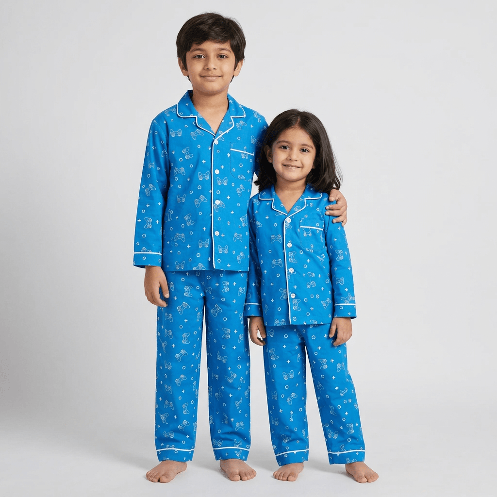 Brother and sister in matching Gamer Dreamer full-sleeve night suit