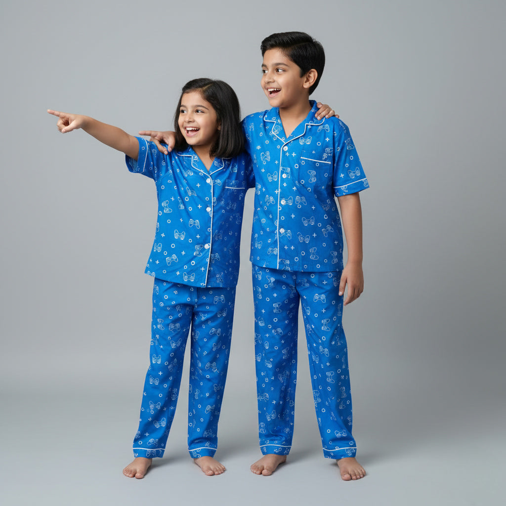 Siblings wearing Gamer Dreamer matching pajamas, gaming-themed coordinated nightwear.