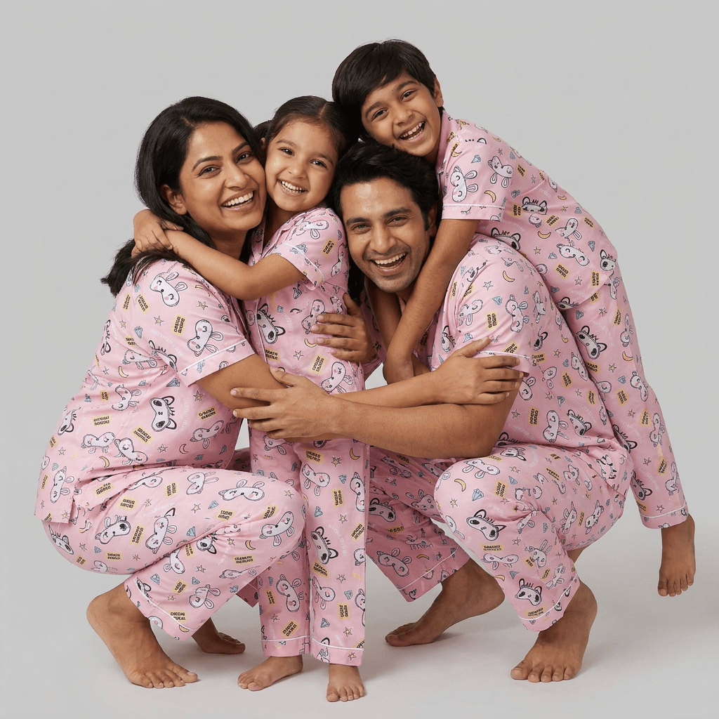 Good Night matching half-sleeve night suit for parents and kids, styled together