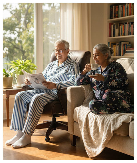 Senior couple in pajamas sitting on a couch and chair, reading and drinking tea in a cozy living room.